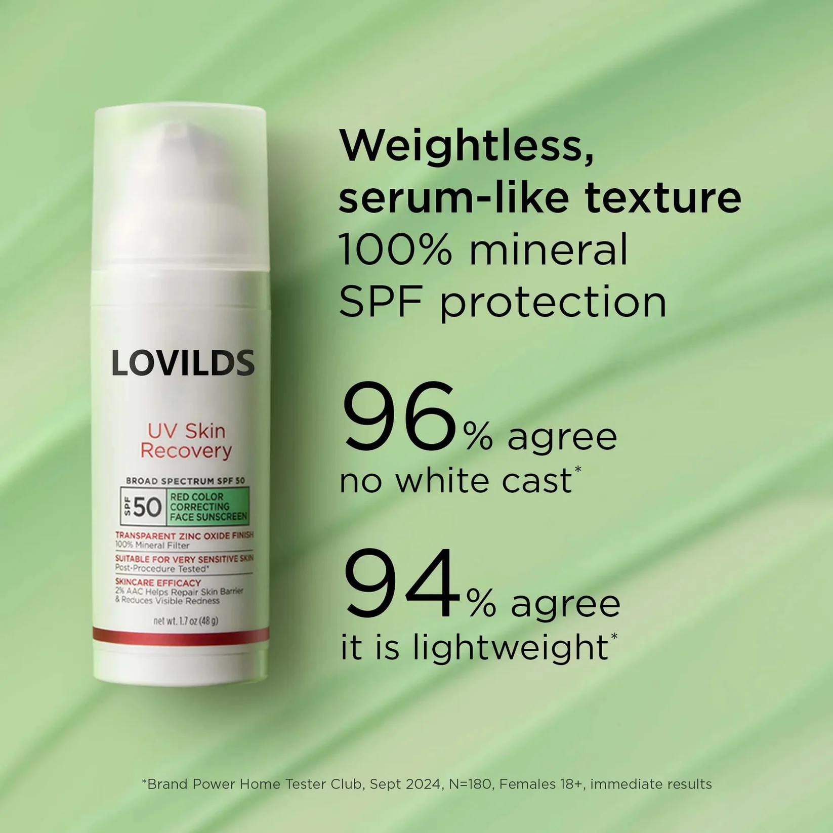 LOVILDS UV Skin Recovery Red Color Correcting Green Tint Broad Spectrum SPF 50 - Image 2