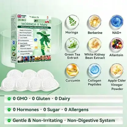 Slimoly® 20-IN-1 Advanced Nano Microneedle Patch Moringa × Berberine × NMN/NAD+ Multi-Action Formula