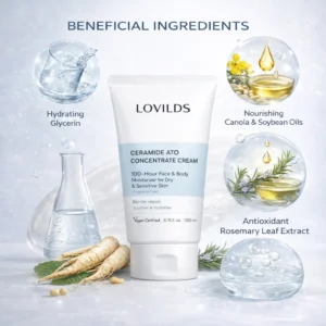 LOVILDS Ceramide Ato Concentrate Cream for Dry & Sensitive Skin | 100-Hour Hydration Face & Body Moisturizer | Helps Repair Moisture Barrier | Gentle for Babies & Adults | Vegan, 6.76 fl oz