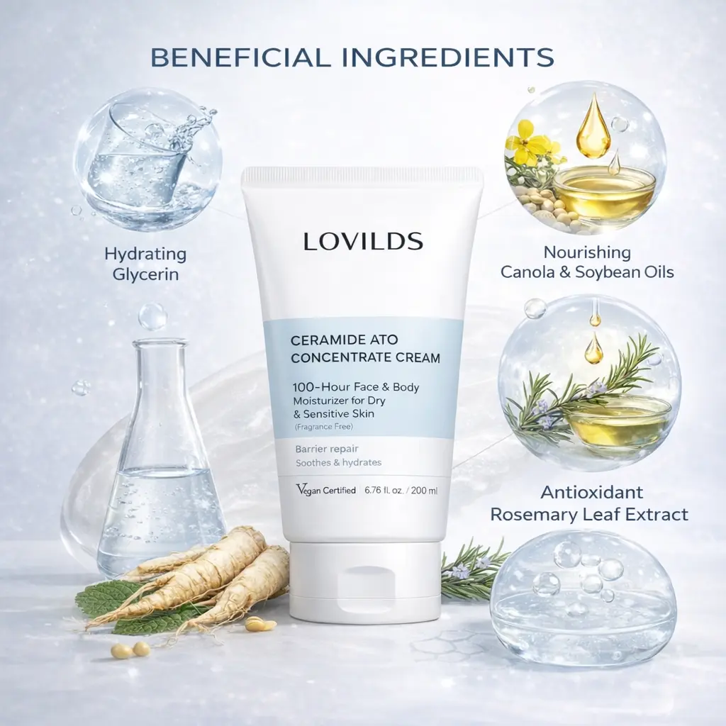 LOVILDS Ceramide Ato Concentrate Cream for Dry & Sensitive Skin | 100-Hour Hydration Face & Body Moisturizer | Helps Repair Moisture Barrier | Gentle for Babies & Adults | Vegan, 6.76 fl oz